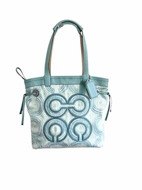 Coach Audrey Op Art Swirl Tote Teal & White #17044 EUC